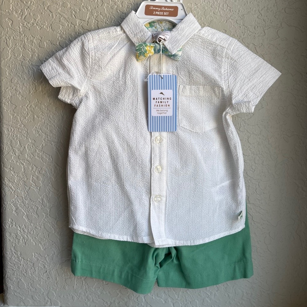 Tommy Bahama Seersucker Boys 18M Outfit Set White Green Bow Tie Belt 2pc NEW